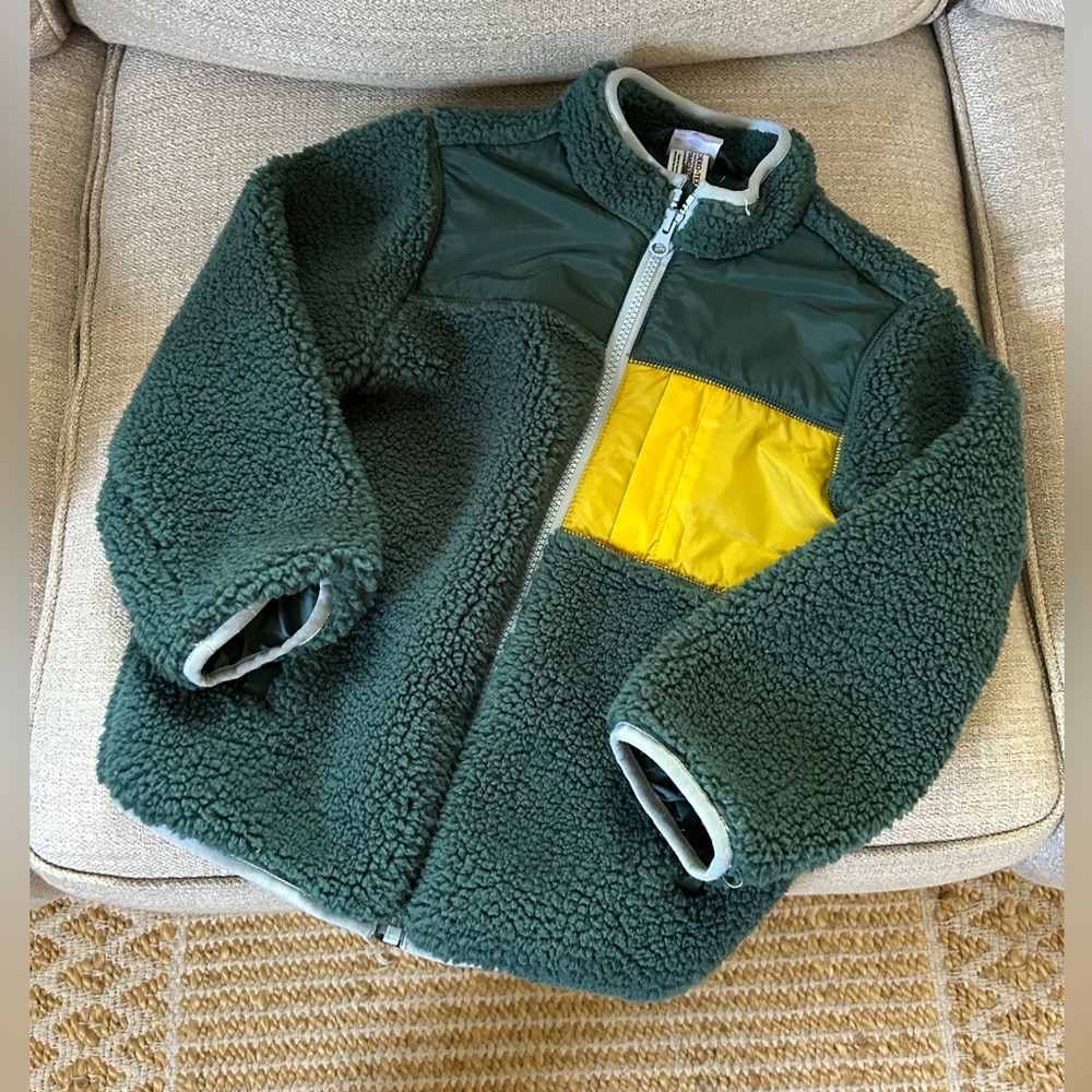 Hanna Andersson Dark Green Sherpa Jacket with Yellow Chest Pocket